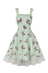 Grünes kariertes Rockabilly Kleid aus den 1950er Jahren mit Blumendruck